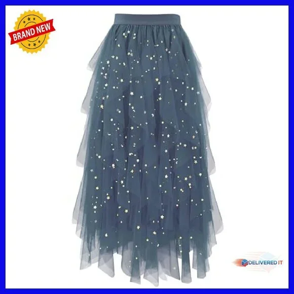 Tulle A-Line Midi Skirt High Elastic Waist Tiered Fairy Style - Picture 2 of 8